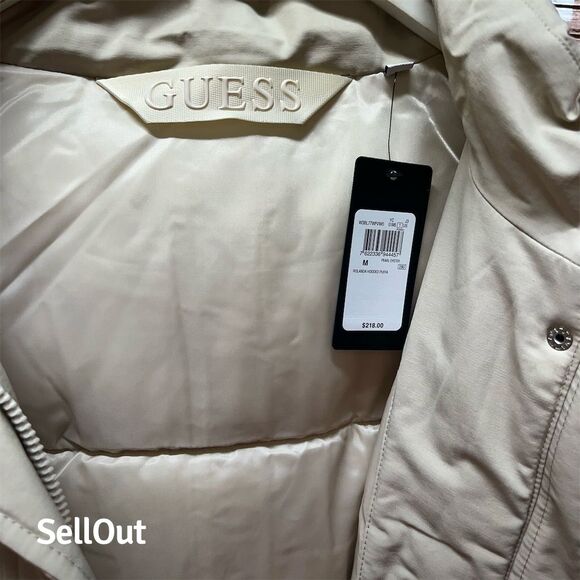 Guess Women's Hooded‎ Puffer Jacket Beige Size M Mid-Length Winter Coat - Picture 6 of 6